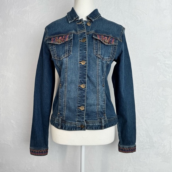 VTG TATIENNE Embroidered Rhinestone Jean Jacket S Medium Wash Trucker Stretch - Picture 6 of 14